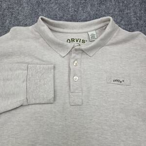 Orvis Pullover Shirt Mens XXL Beige Long Sleeve Cotton Polo Fly Fishing Logo